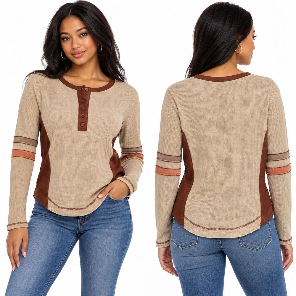 Hem & Thread Women's M Beige Brown Waffle Knit Henley Long Sleeve Boho Top NWT